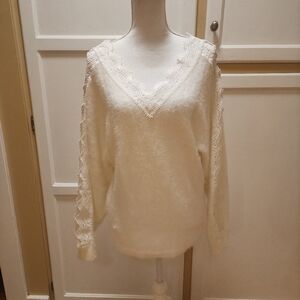 Sweet Lovely by Jen Elegant White Lace-Trimmed Sweater